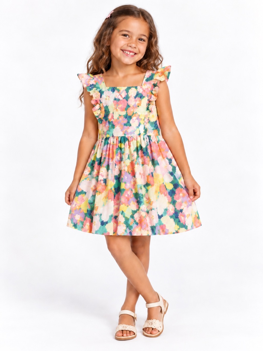 Baby Gap Linen Blend Floral Dress Size 5 Ruffle Sleeve